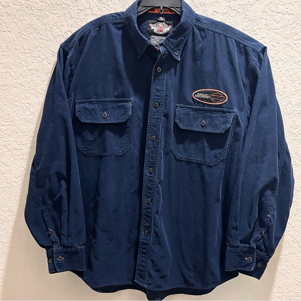 Harley Davidson Bar & Shield Navy Corduroy Shirt W/ Patches X-Large